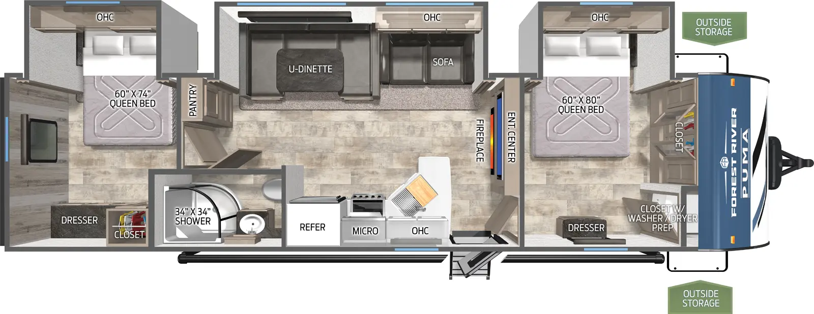 The Puma 32RBFQ2 floorplan has one entry and three slide outs. Exterior features include: metal exterior and 21' awning. Interiors features include: u-dinette, front bedroom, rear bedroom and two bedrooms.